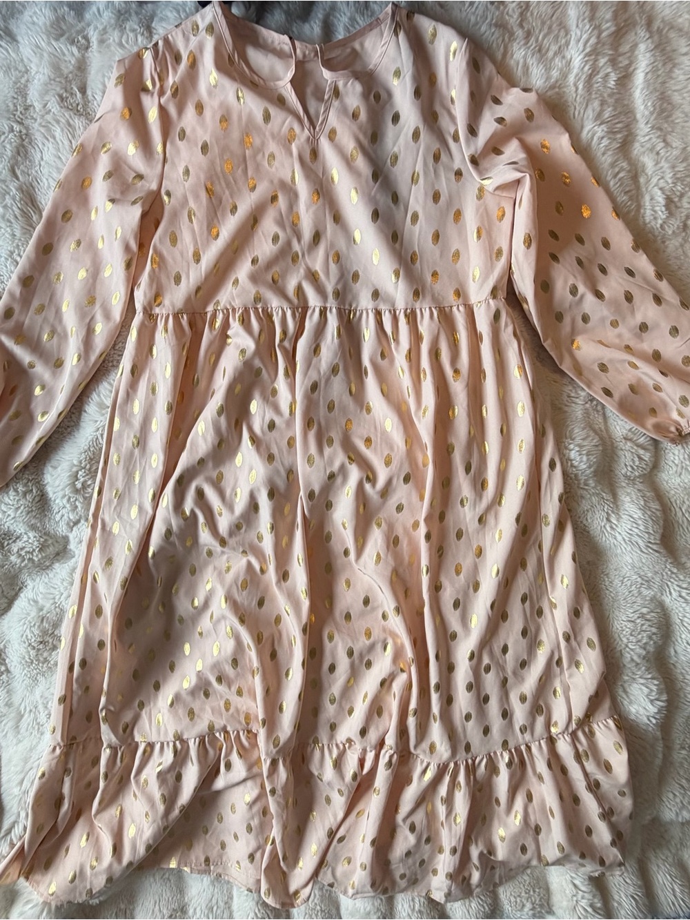 Blush Pink Gold Foil Polka Dot Tiered Maxi Dress Long Sleeve Size L - Picture 4 of 8